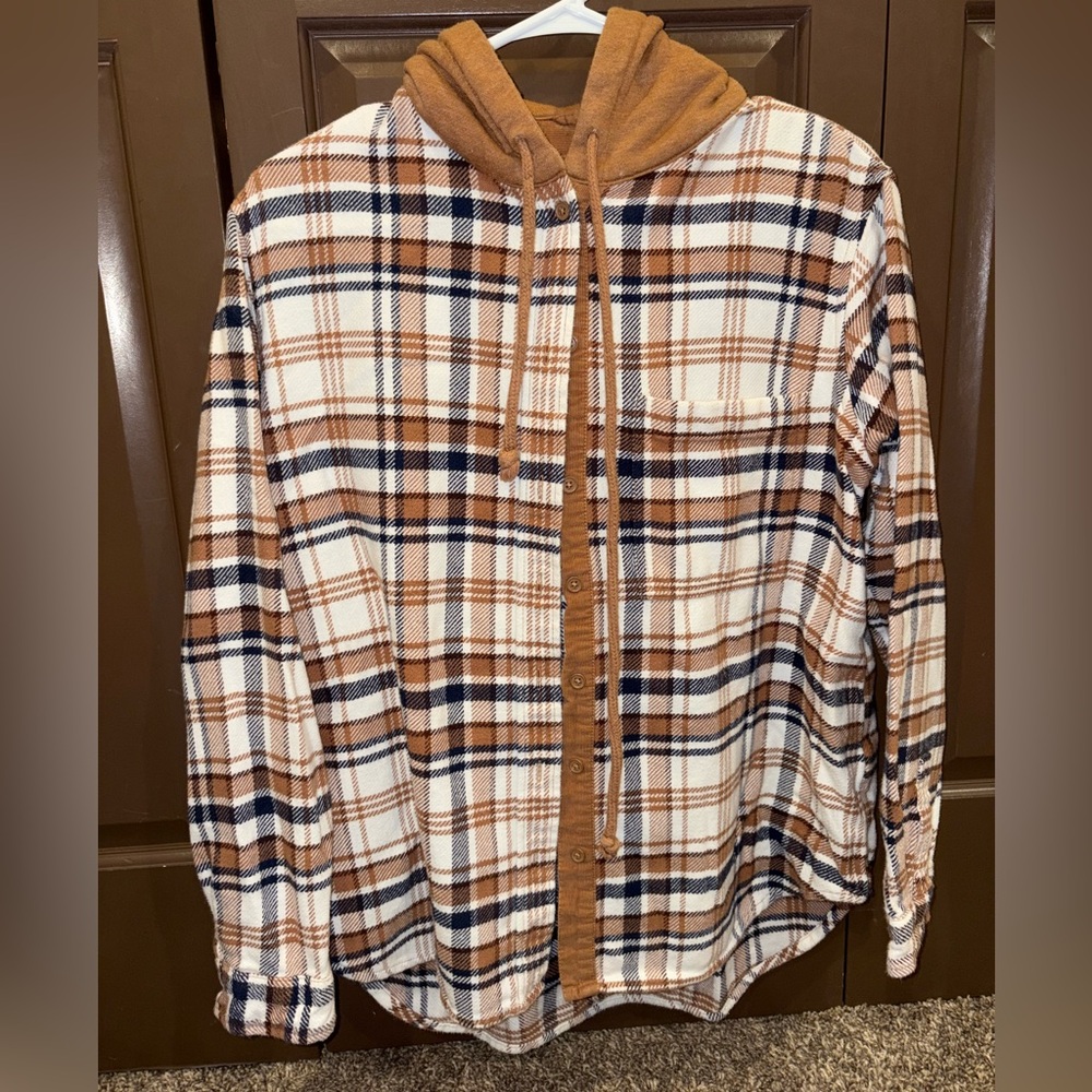 American Eagle Outfitters Brown Plaid Hooded flannel